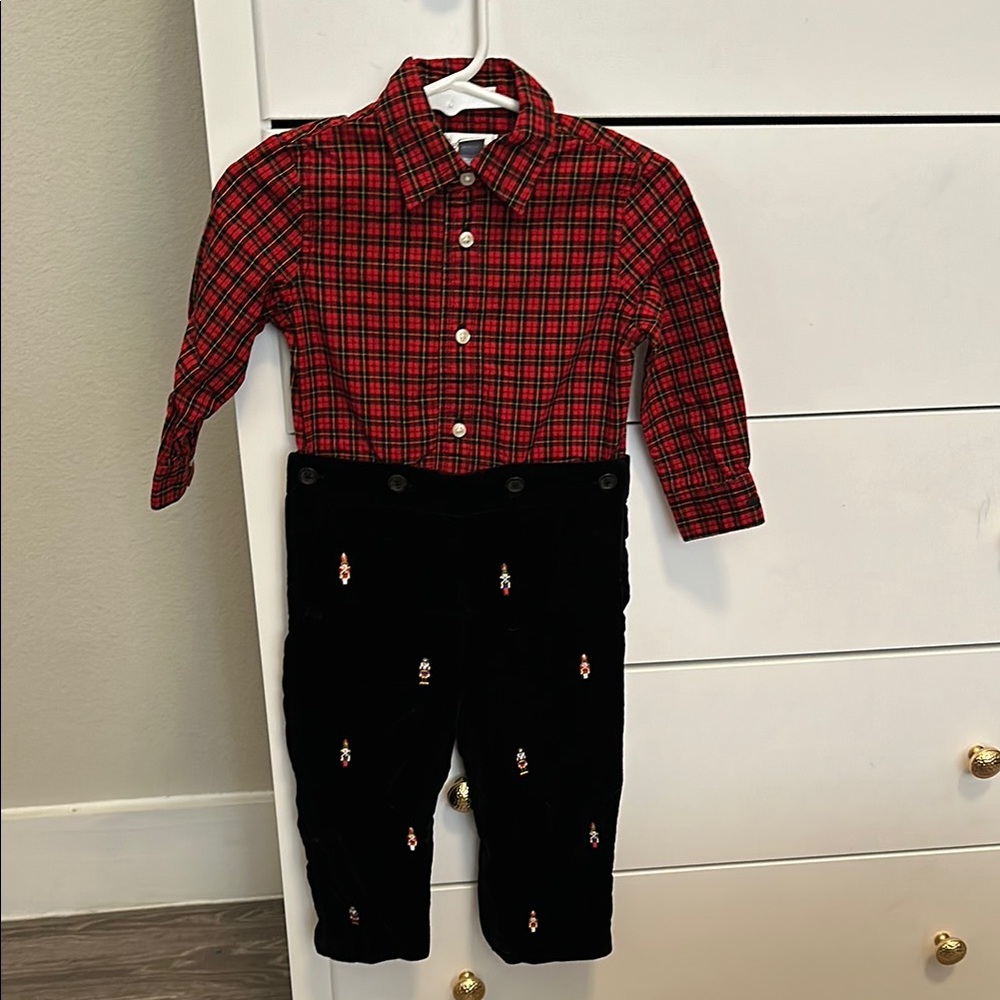 Red Plaid Shirt and Black Pants Set